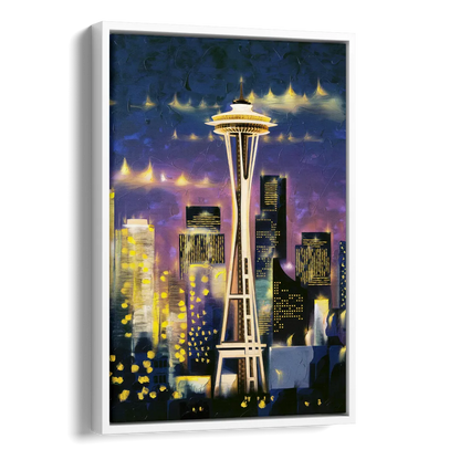 Seattle Space Needle Night Lights Side - White Canvas Wall Art