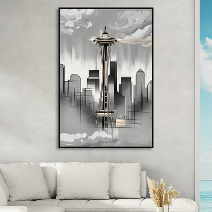 Seattle Space Needle Silhouette Sitting Room - Black Canvas Wall Art