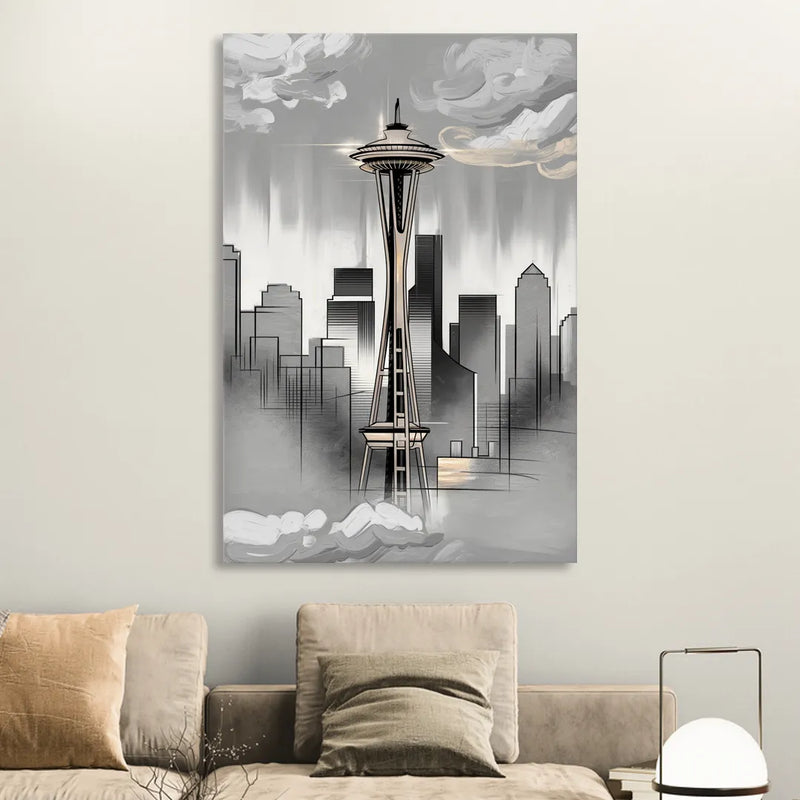 Seattle Space Needle Silhouette Living Room - Canvas Wall Art