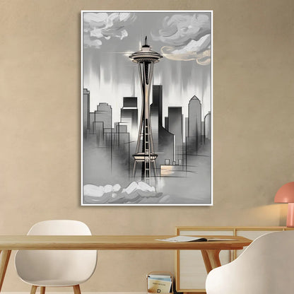 Seattle Space Needle Silhouette Sitting Room - White Canvas Wall Art