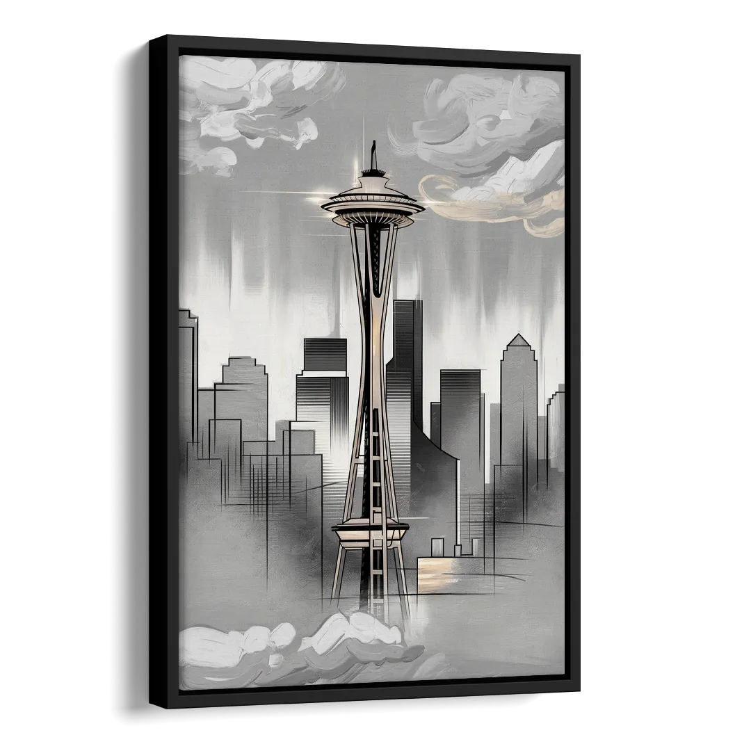 Seattle Space Needle Silhouette Side - Black Canvas Wall Art