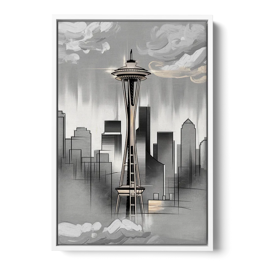Seattle Space Needle Silhouette Front - White Canvas Wall Art