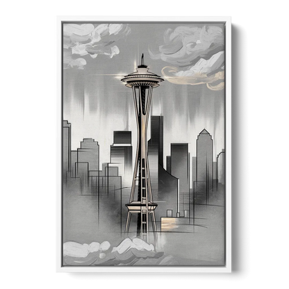 Seattle Space Needle Silhouette Front - White Canvas Wall Art