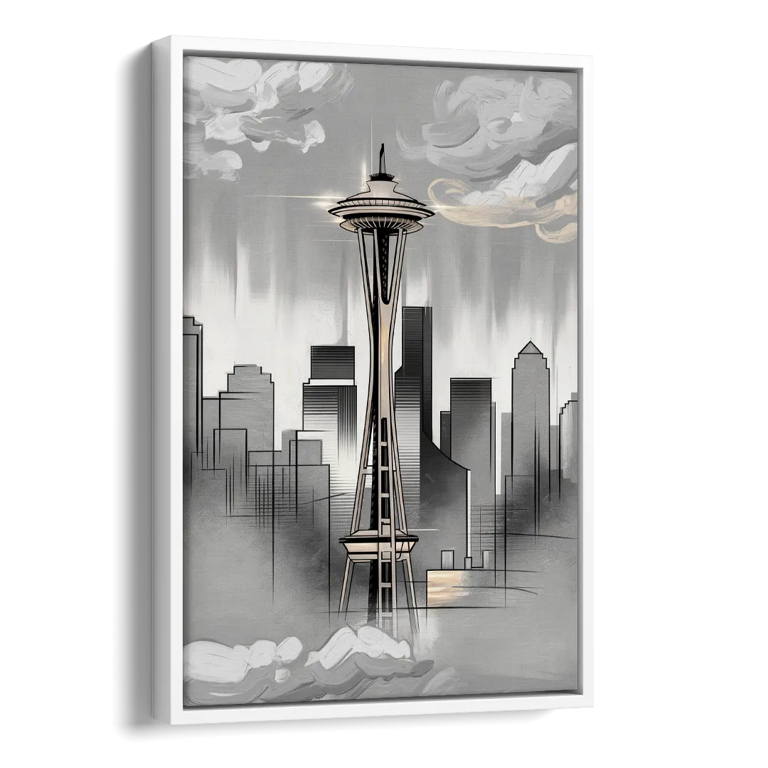 Seattle Space Needle Silhouette Side - White Canvas Wall Art