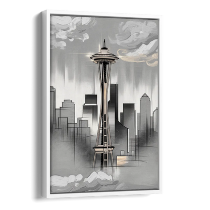 Seattle Space Needle Silhouette Side - White Canvas Wall Art