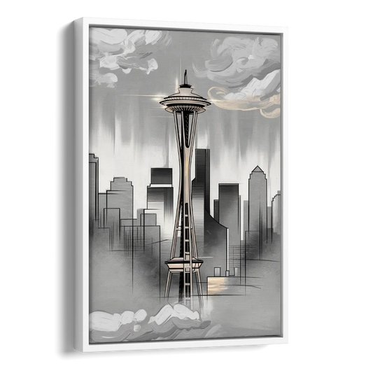 Seattle Space Needle Silhouette Side - White Canvas Wall Art