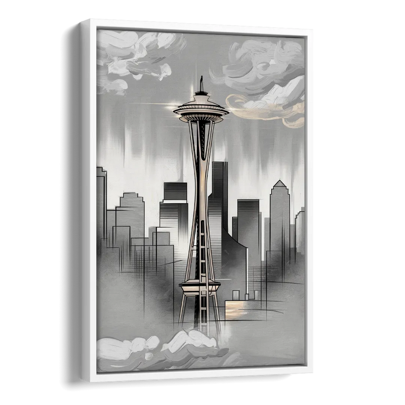Seattle Space Needle Silhouette Side - White Canvas Wall Art