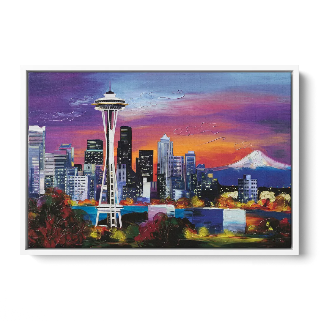 Seattle Space Needle View Front - White Canvas Wall Art