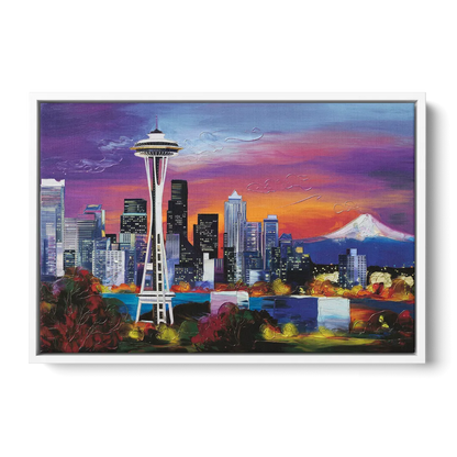 Seattle Space Needle View Front - White Canvas Wall Art