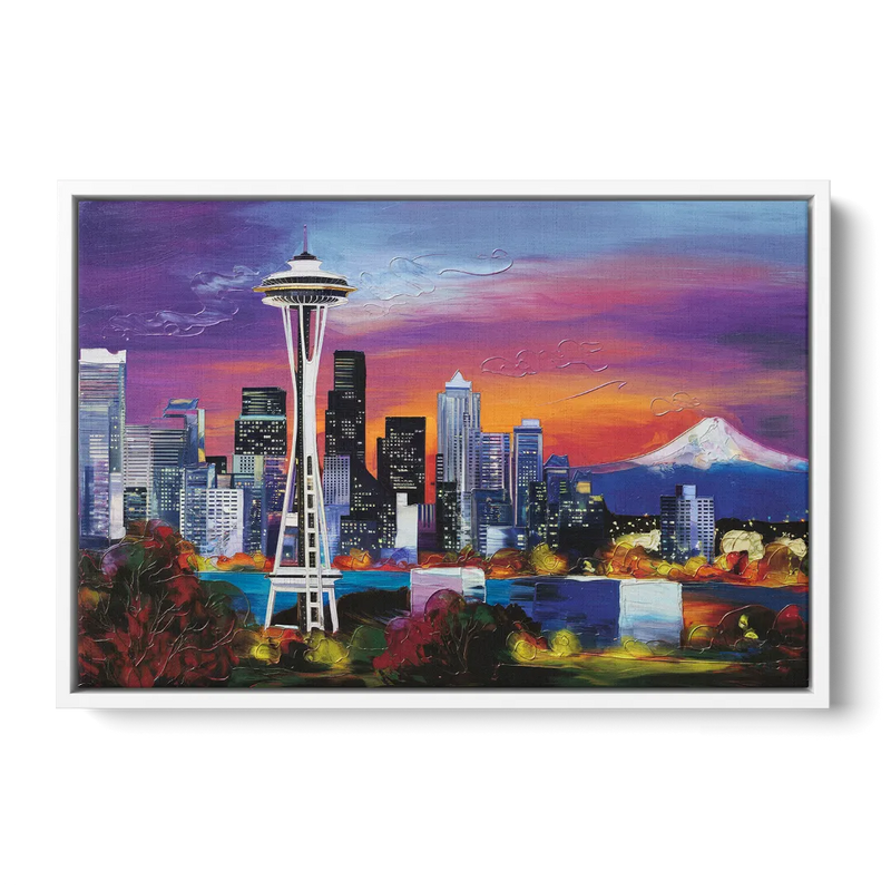 Seattle Space Needle View Front - White Canvas Wall Art