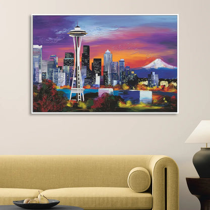 Seattle Space Needle View Sitting Room - White Canvas Wall Art