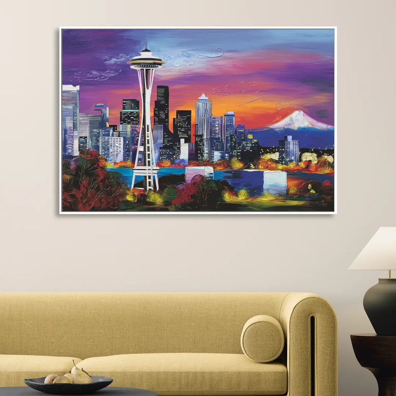Seattle Space Needle View Sitting Room - White Canvas Wall Art