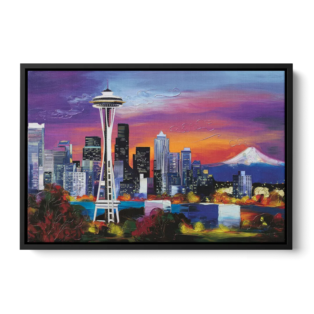 Seattle Space Needle View Front - Black Canvas Wall Art