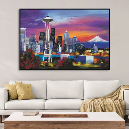 Seattle Space Needle View Living Room - Black Canvas Wall Art