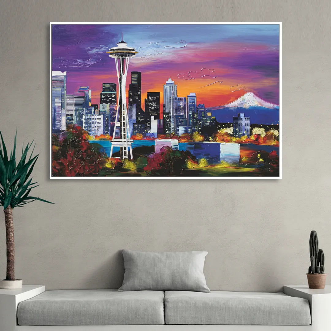 Seattle Space Needle View Living Room - White Canvas Wall Art