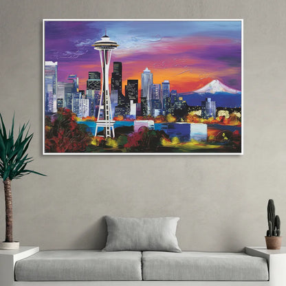 Seattle Space Needle View Living Room - White Canvas Wall Art
