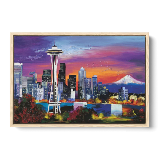 Seattle Space Needle View - Oak Framed Canvas Wall Art - Front