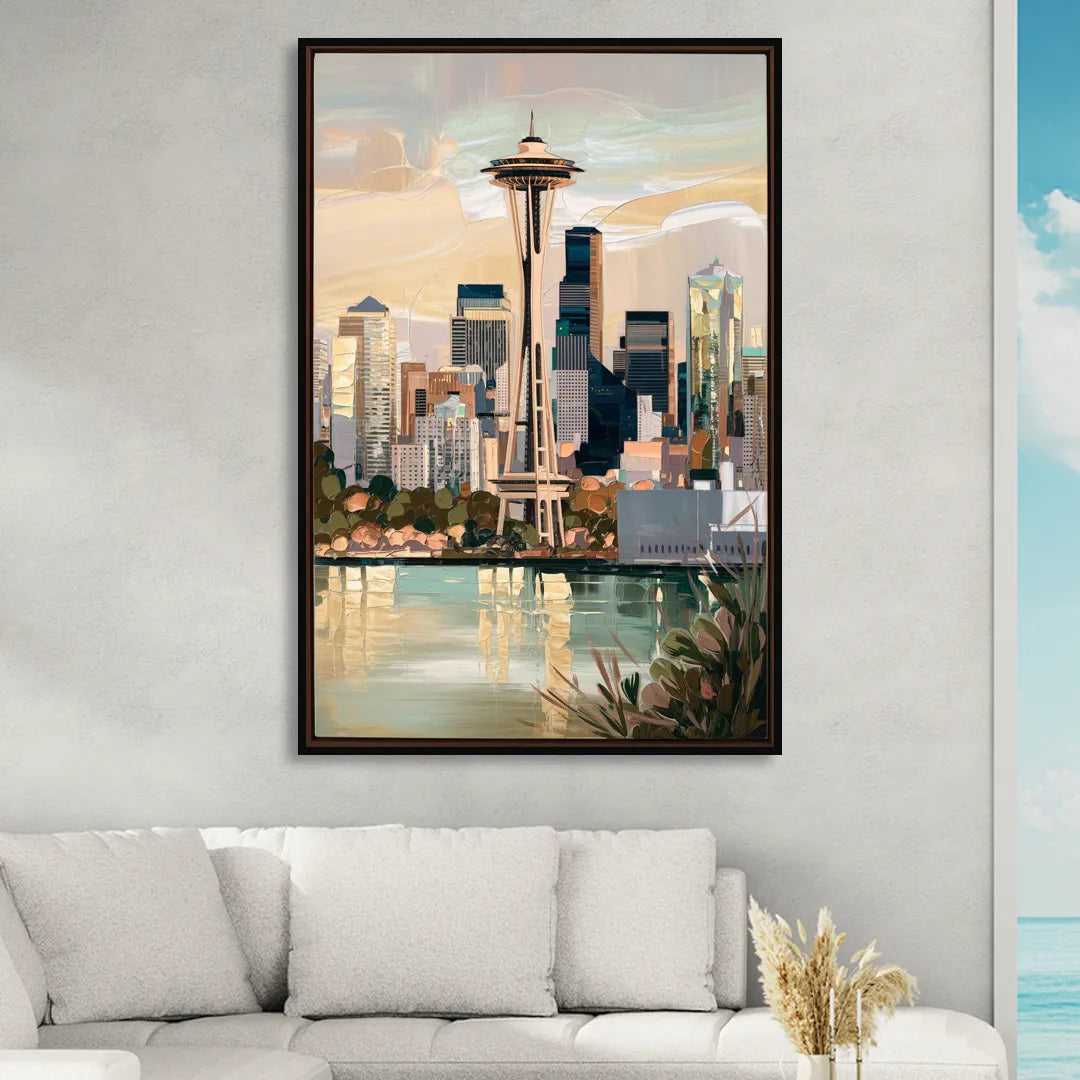 Seattle Space Needle and Cityscape Living Room - Black Canvas Wall Art