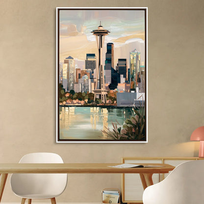 Seattle Space Needle and Cityscape Living Room - White Canvas Wall Art
