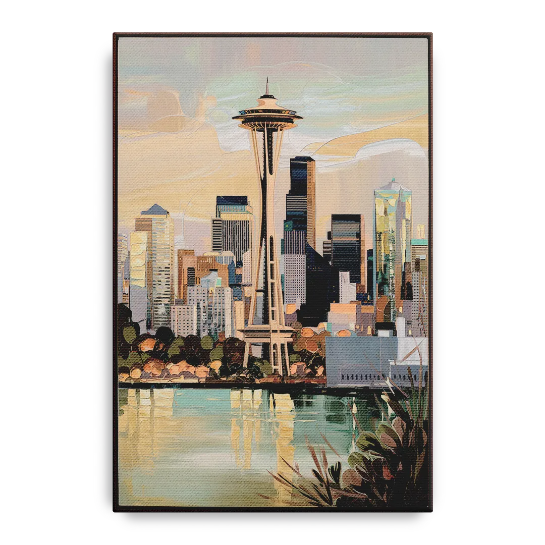 Seattle Space Needle and Cityscape Front - Canvas Wall Art