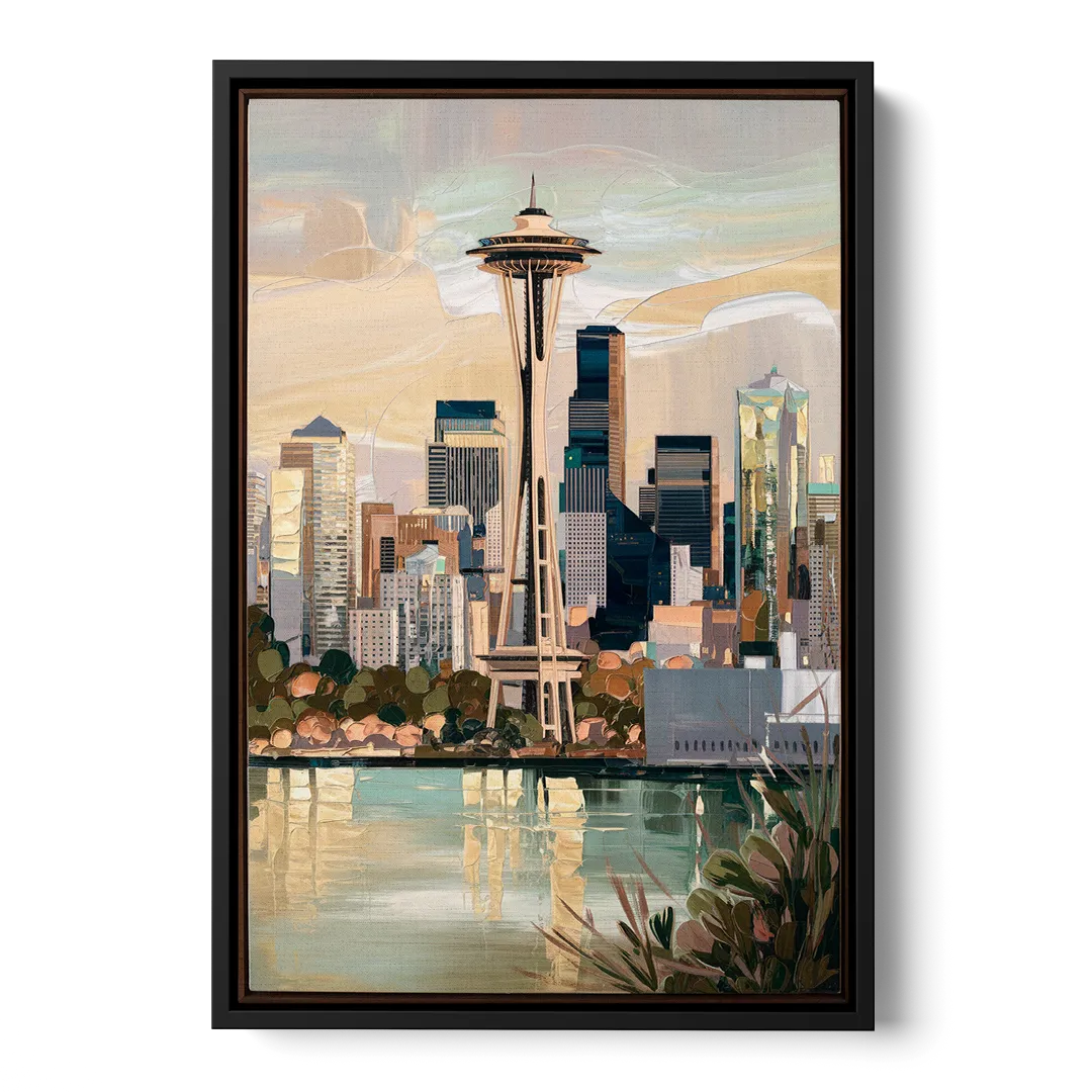 Seattle Space Needle and Cityscape Front - Black Canvas Wall Art
