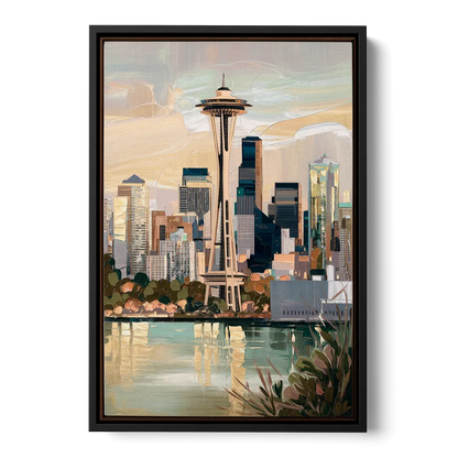 Seattle Space Needle and Cityscape Front - Black Canvas Wall Art