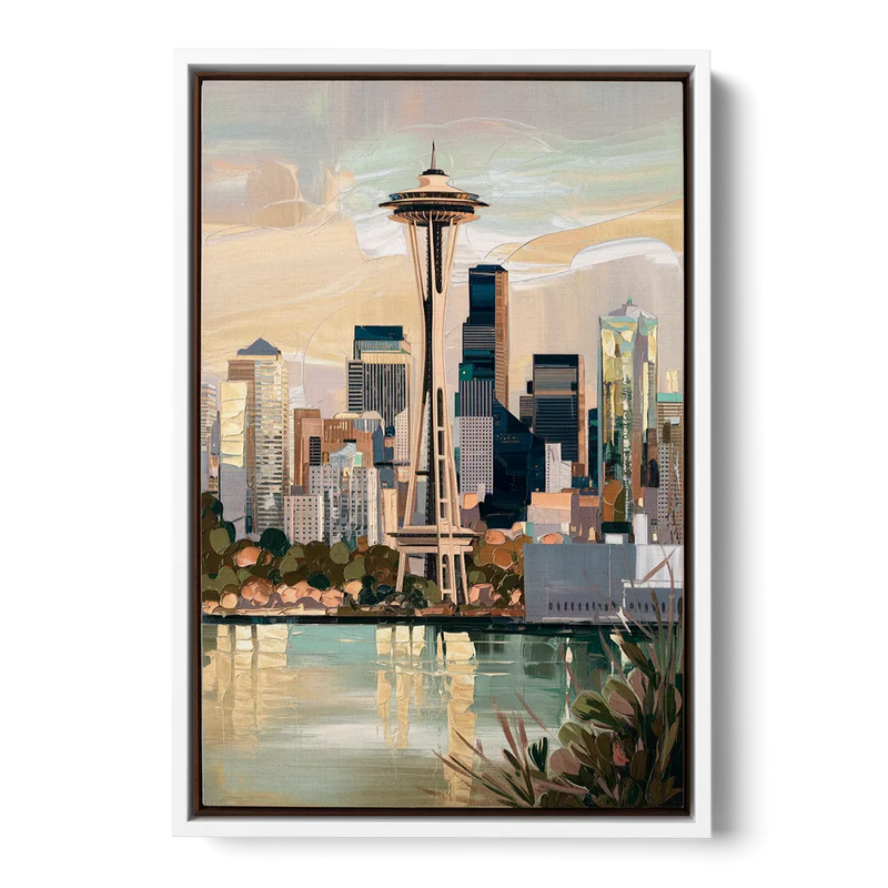 Seattle Space Needle and Cityscape Front - White Canvas Wall Art