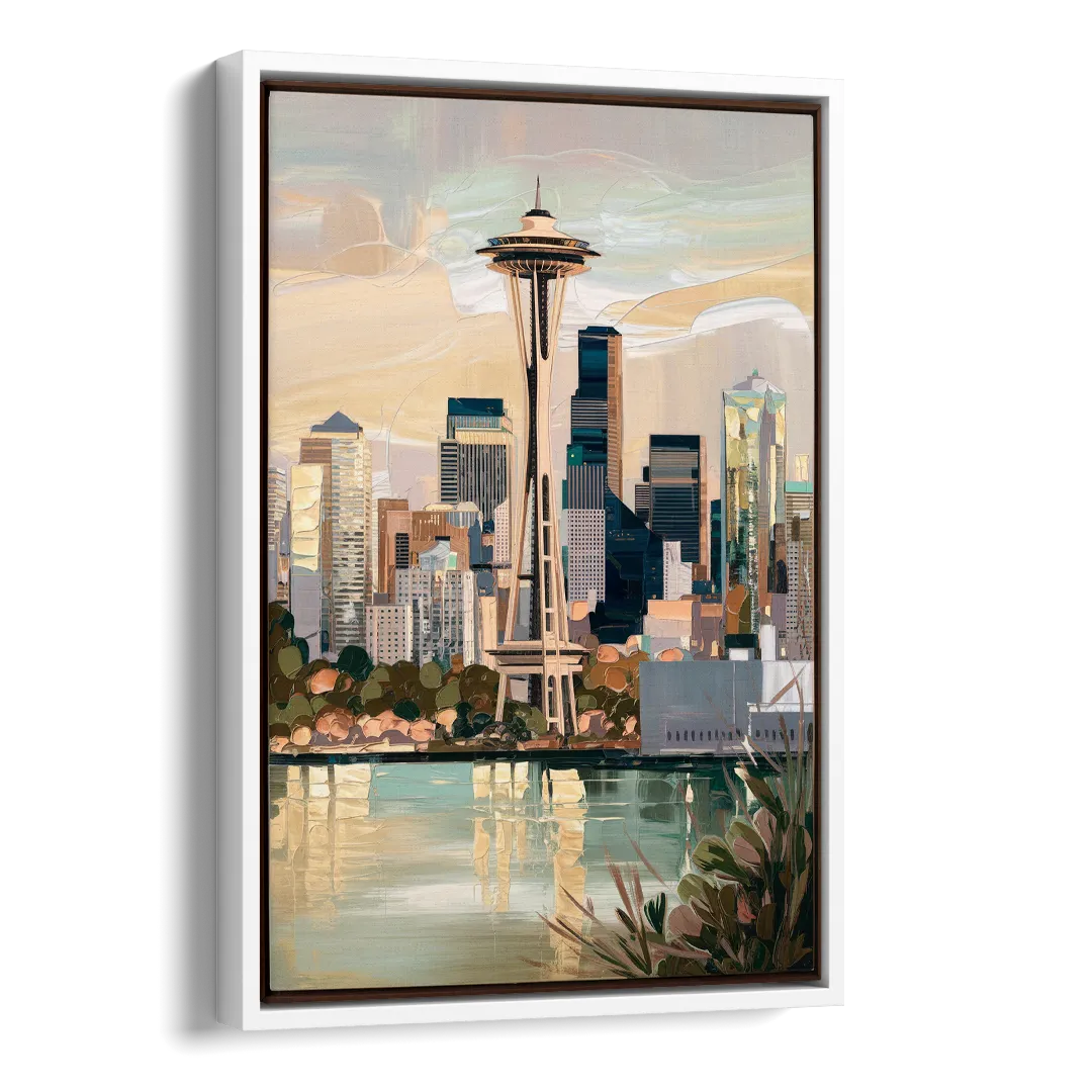 Seattle Space Needle and Cityscape Side - White Canvas Wall Art