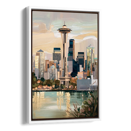 Seattle Space Needle and Cityscape Side - White Canvas Wall Art