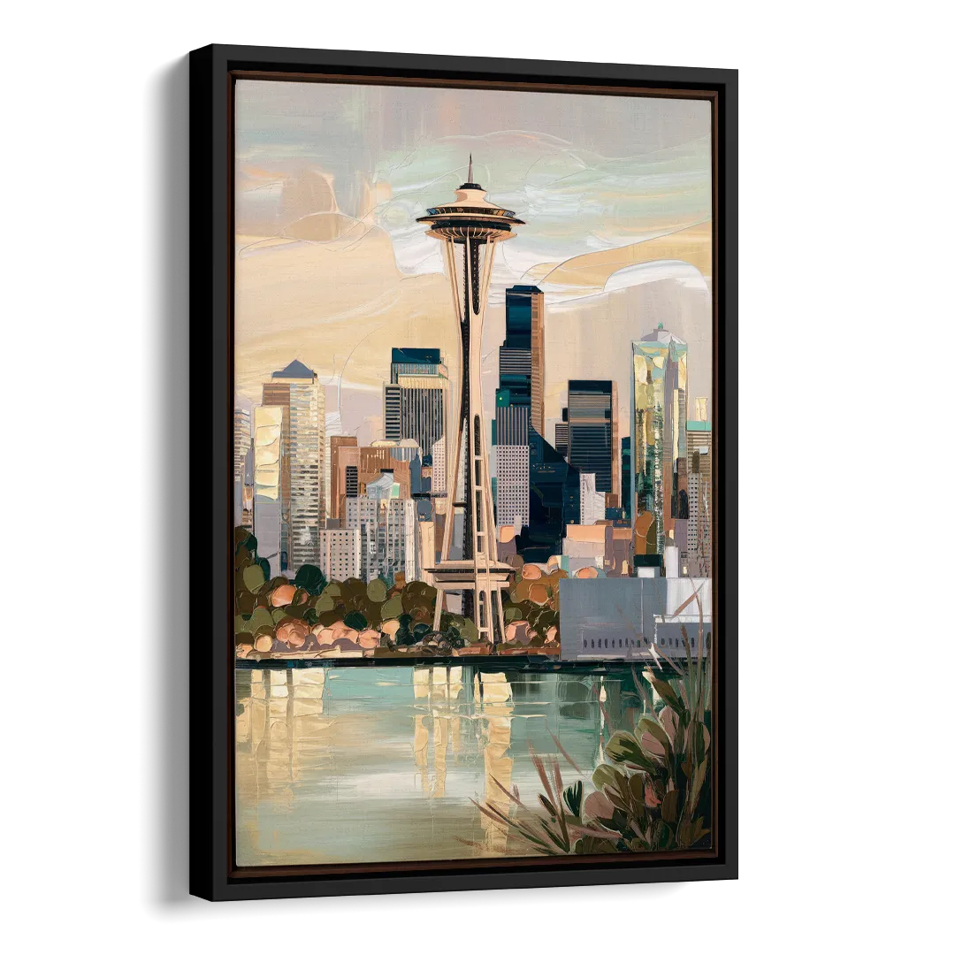 Seattle Space Needle and Cityscape Side - Black Canvas Wall Art