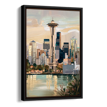 Seattle Space Needle and Cityscape Side - Black Canvas Wall Art