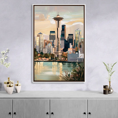 Seattle Space Needle and Cityscape Sitting Room - White Canvas Wall Art