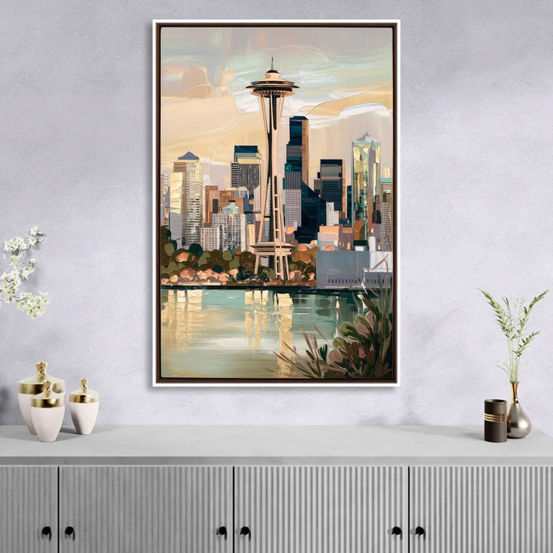 Seattle Space Needle and Cityscape Sitting Room - White Canvas Wall Art
