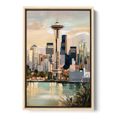 Seattle Space Needle and Cityscape - Oak Framed Canvas Wall Art - Front