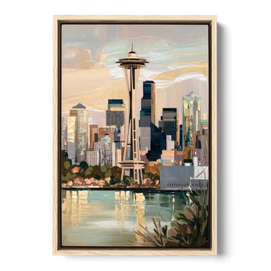 Seattle Space Needle and Cityscape - Oak Framed Canvas Wall Art - Front