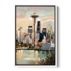 Seattle Space Needle and Cityscape - White Framed Canvas Wall Art - Front