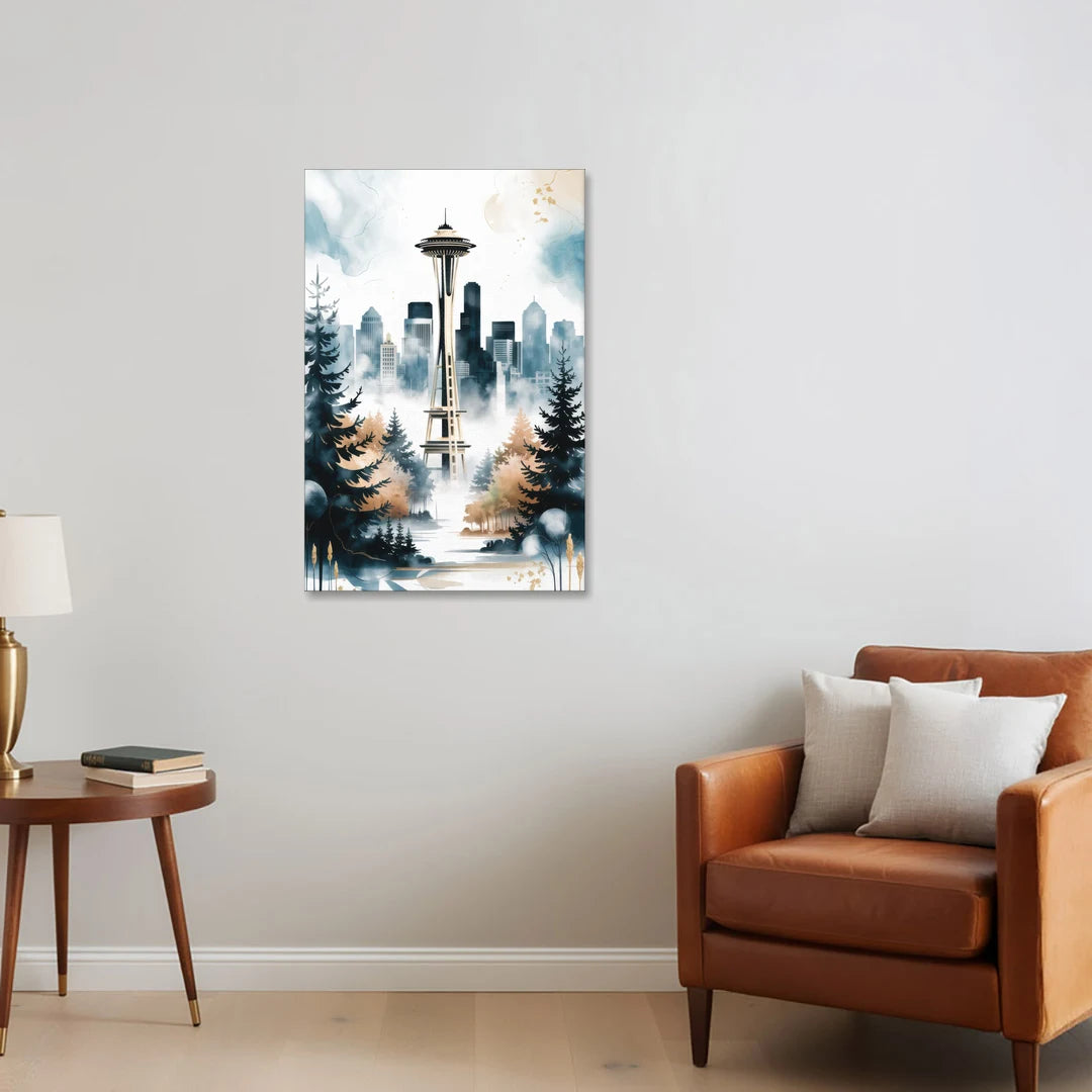 Seattle Space Needle in Fog - Canvas Wall Art - Sofa - 24x36