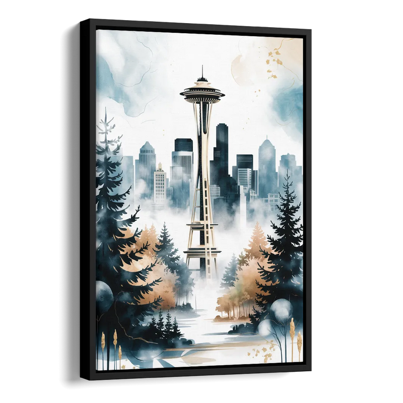 Seattle Space Needle in Fog Side - Black Canvas Wall Art