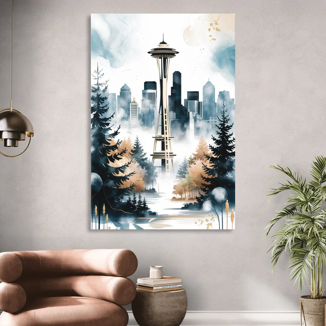 Seattle Space Needle in Fog Sitting Room - Canvas Wall Art