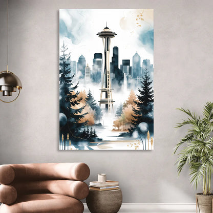 Seattle Space Needle in Fog Sitting Room - Canvas Wall Art