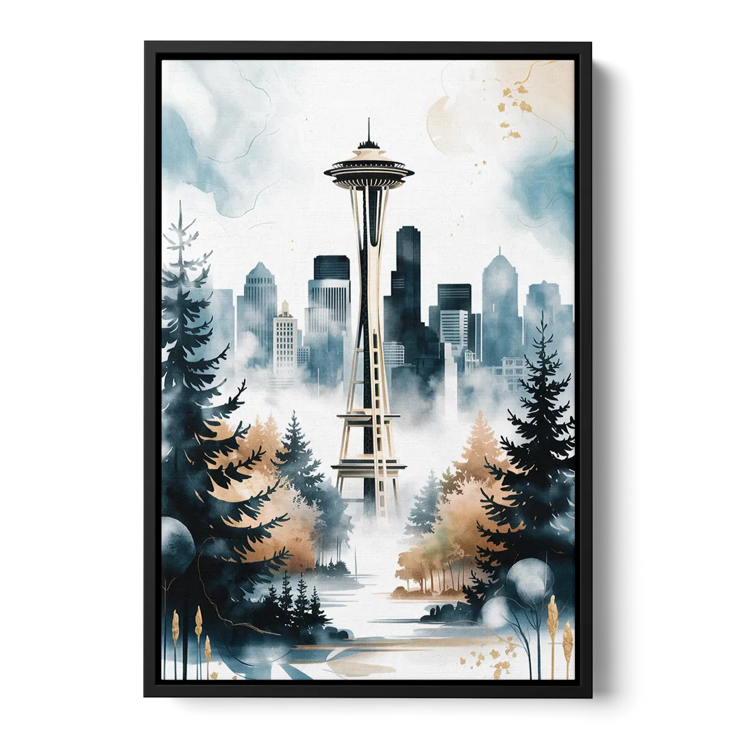 Seattle Space Needle in Fog Front - Black Canvas Wall Art