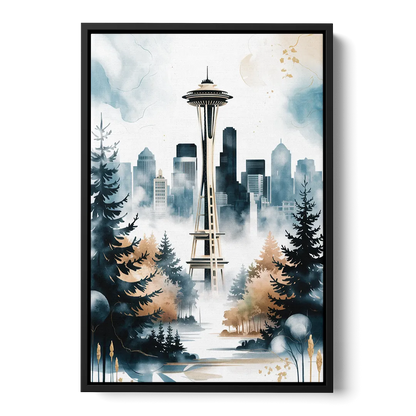 Seattle Space Needle in Fog Front - Black Canvas Wall Art
