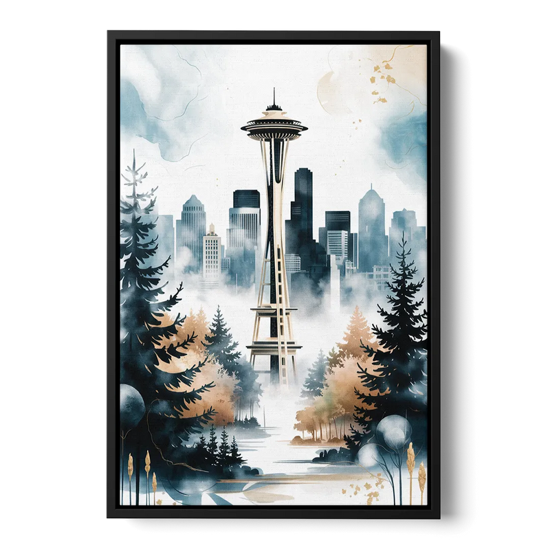 Seattle Space Needle in Fog Front - Black Canvas Wall Art