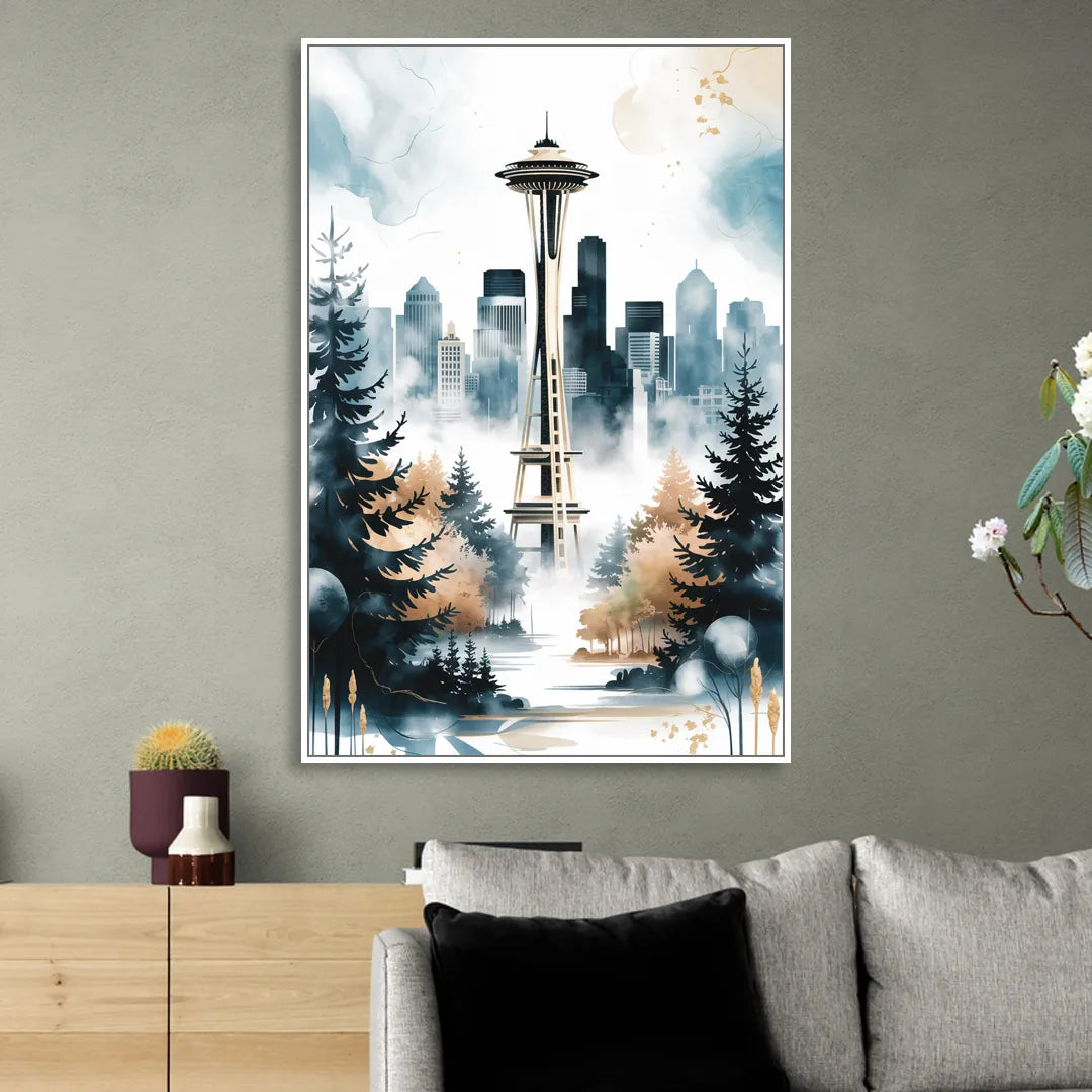Seattle Space Needle in Fog Sitting Room - White Canvas Wall Art