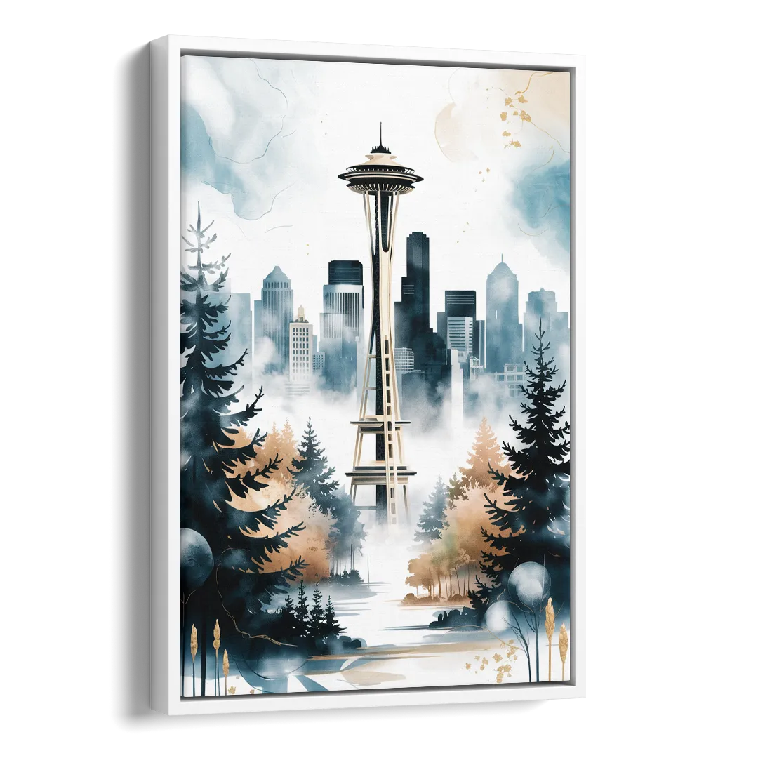 Seattle Space Needle in Fog Side - White Canvas Wall Art