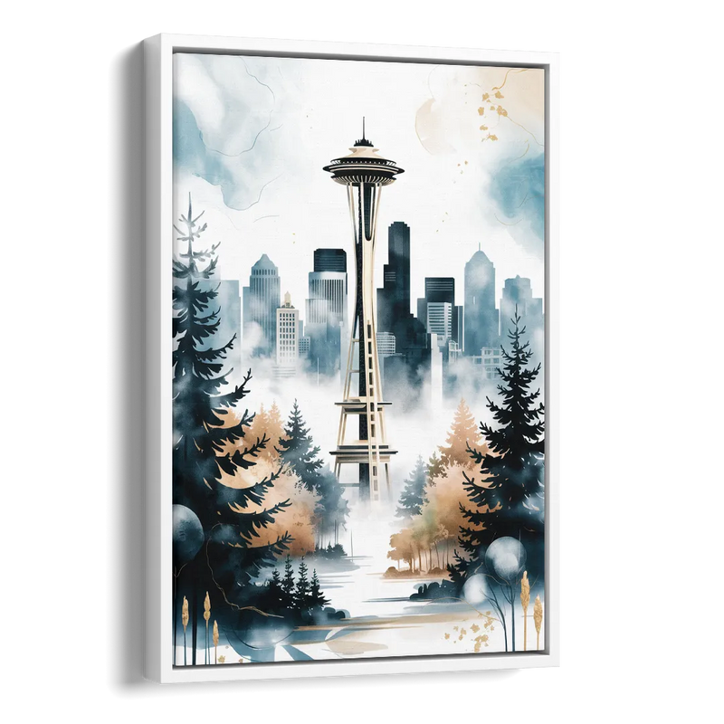 Seattle Space Needle in Fog Side - White Canvas Wall Art