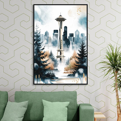Seattle Space Needle in Fog Sitting Room - Black Canvas Wall Art