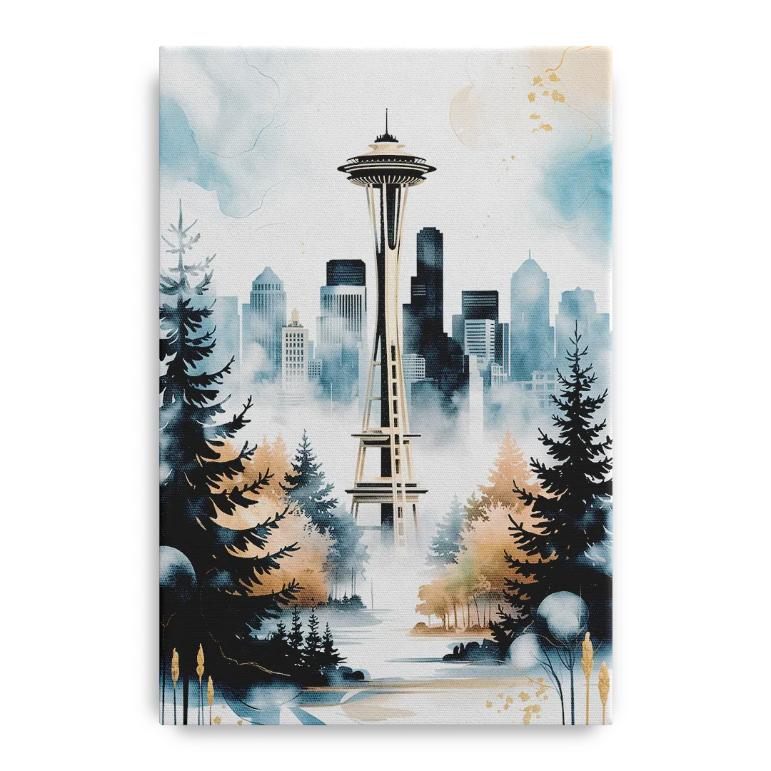 Seattle Space Needle in Fog Front - Canvas Wall Art