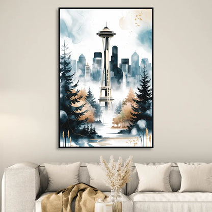 Seattle Space Needle in Fog Living Room - Black Canvas Wall Art