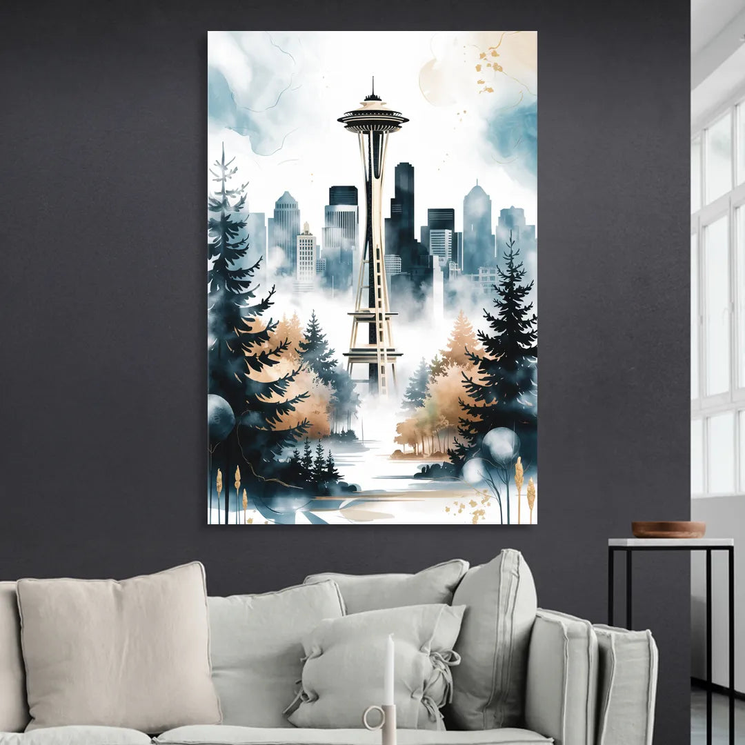 Seattle Space Needle in Fog Living Room - Canvas Wall Art